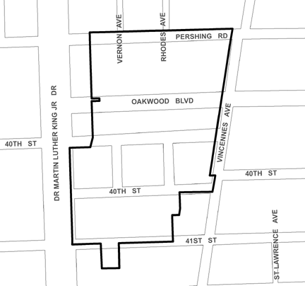 Pershing/King TIF district, roughly bounded on the north by Pershing Road, 41st Street on the south, Vincennes Avenue on the east, and Dr. Martin Luther King Jr. Drive on the west.